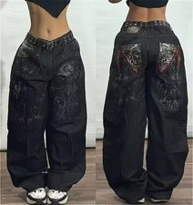 Unisex Baggy Y2K Streetwear Graphic Jeans Wide Leg Embroidered Denim Pants M X