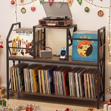Record Player Stand w/Power Outlets, Turntable Stand w/Vinyl Storage, Dividers