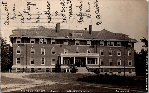 Real Photo Postcard Miami University, Hepburn Hall, Oxford, Ohio - used 1909