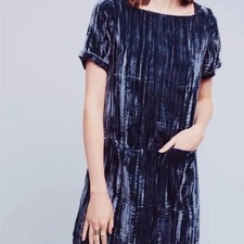 Anthropologie Floreat Blue Velvet Shift Dress Roomy Fit Boho Witchy Festival XS