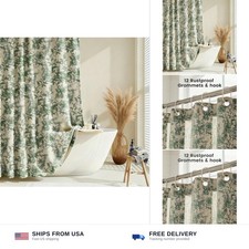 Farmhouse Sage Green Floral Shower Curtain with 12 Clear Rings, Fabric Faux L...