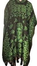 Frida Kahlo Mexican Poncho - Green Black Tassels