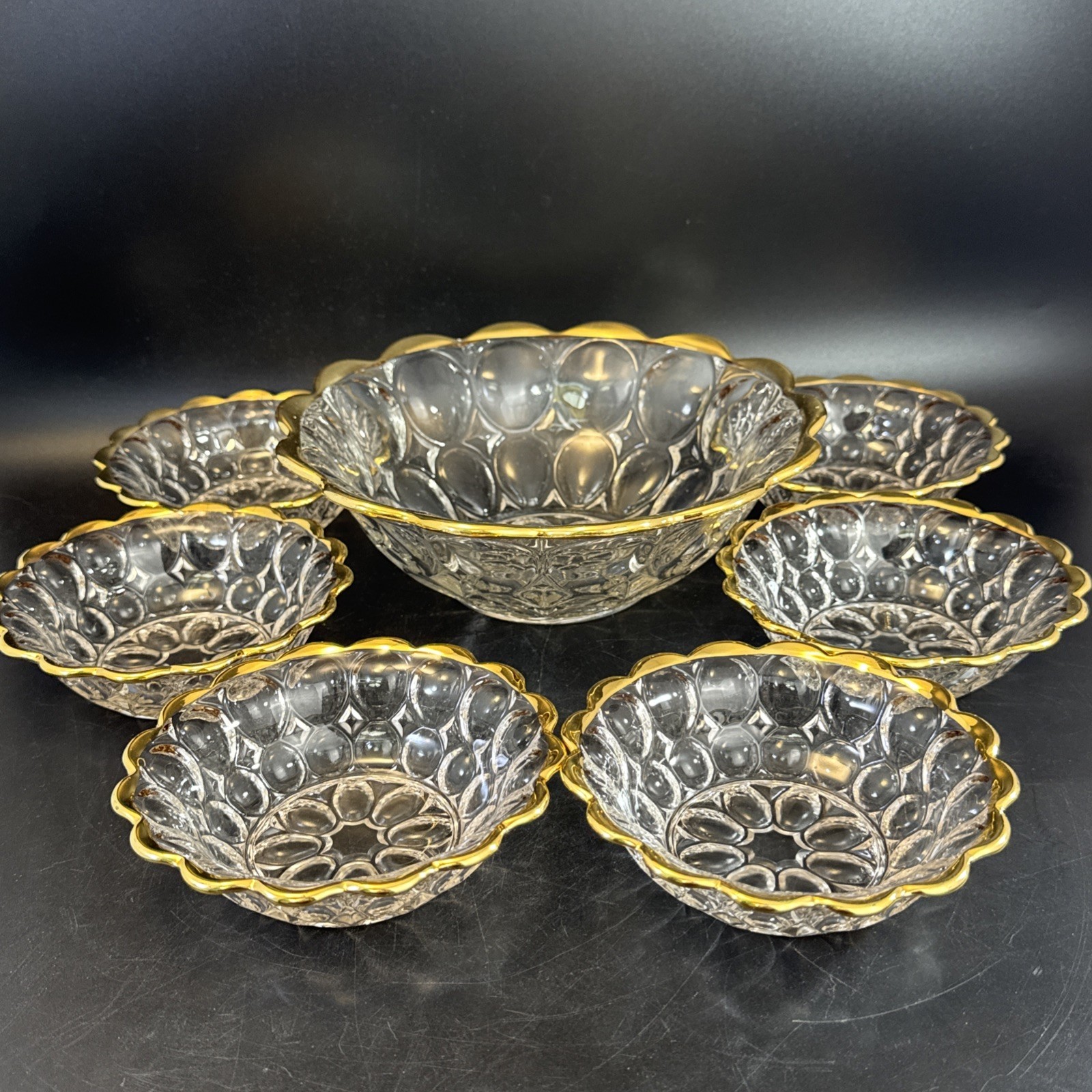 Jeannette Glass Thumbprint Berry Bowl Set Gold Rim 7 Pc Large + 6 Dessert Bowls