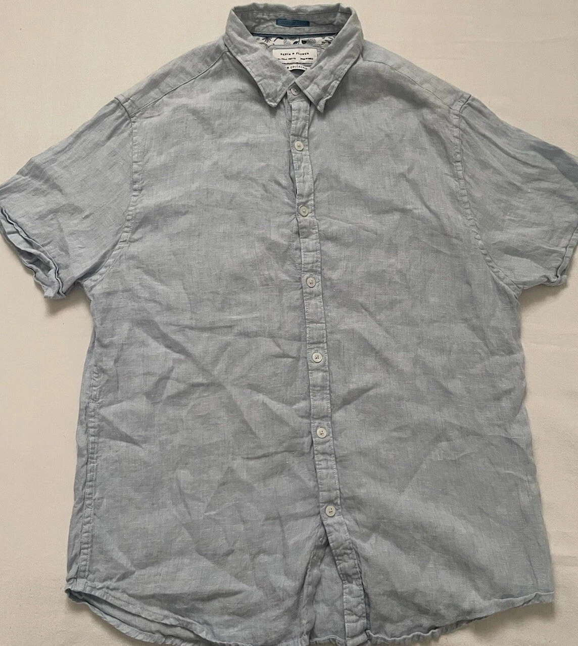 Denim & Flower Linen Shirt Men Large Blue Short Sleeve Lightweight Summer