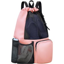 Pink Mesh Beach Drawstring Backpack Wet Pocket Waterproof Gym Workout Swim