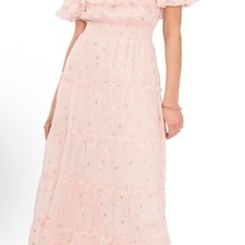 Vince Camuto Short Sleeve Tiered Foil Maxi Dress