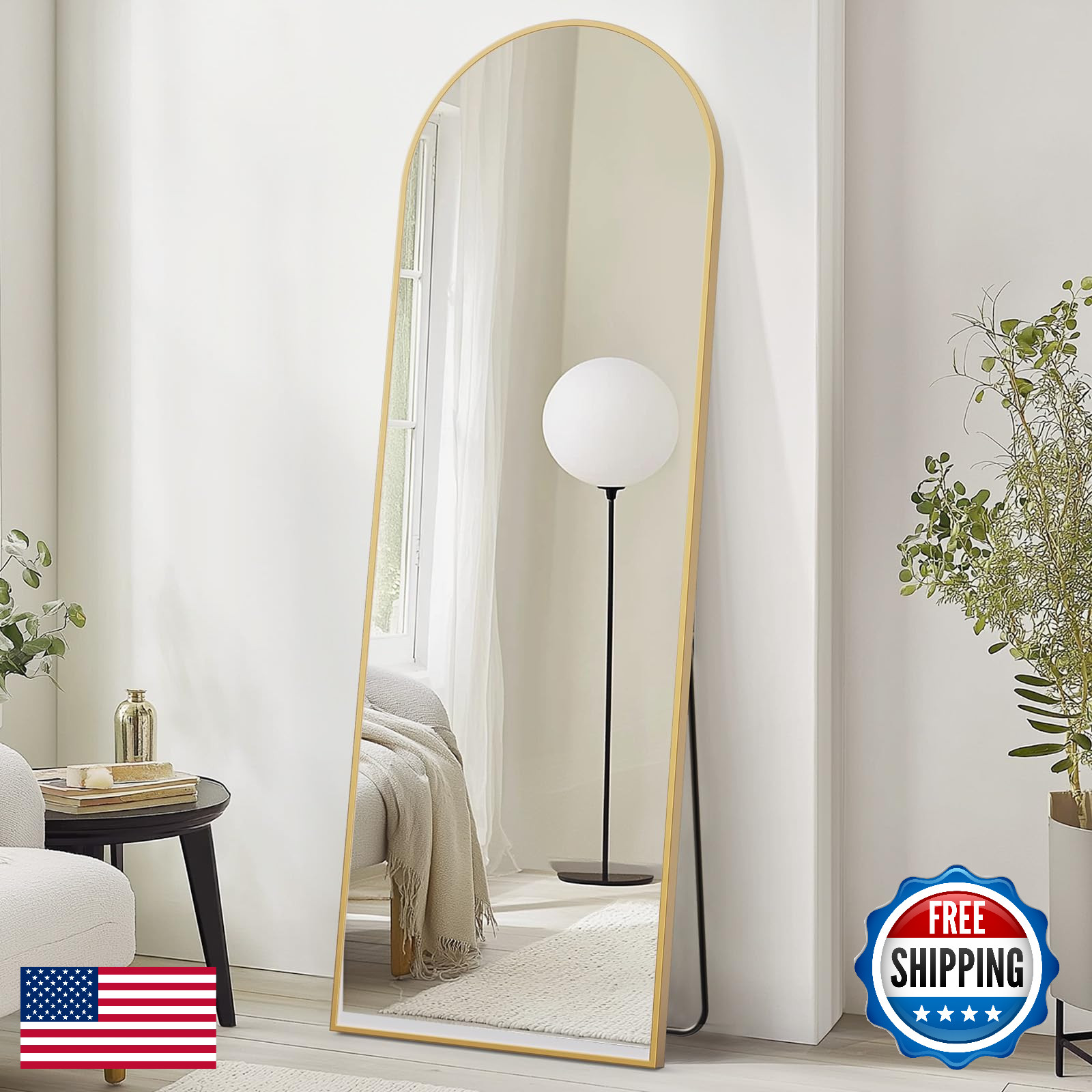 DUMOS Arched Full-Length Mirror 71"x26" Floor/Wall, Gold Aluminum Frame