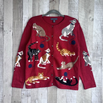 #ad Northern Isles Womens Cardigan Red Novelty Cat Embroidered Sweater Size Medium $70.00