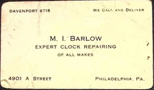 Vintage 1930s Expert Clock Repair Business Card Philadelphia Pennsylvania