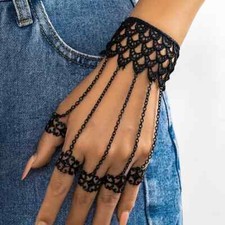 Vintage Gothic Lace Hand Chain with Celestial Symbols, Finger Ring Bracelet