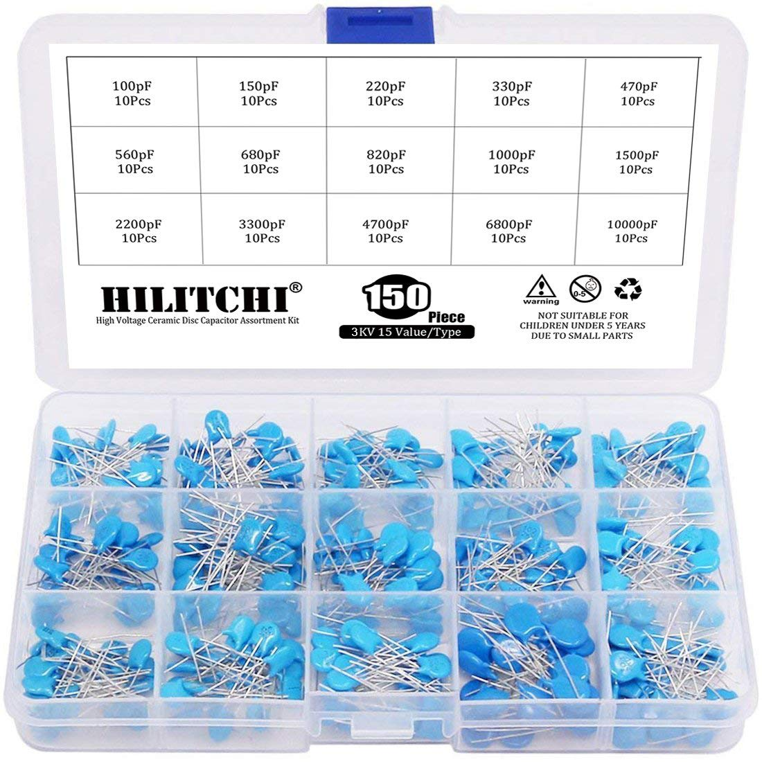 3KV / 100Pf to 10000Pf High Voltage DIP Ceramic Capacitor Assortment Kit, 150Pcs
