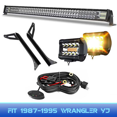 52'' LED Light Bar Bright + 4'' LED Pods+Mounting Brackets For 1987-95 Wrangler YJ