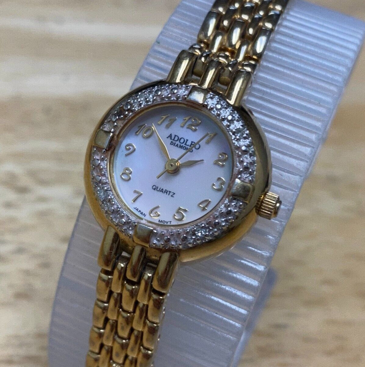 Vintage Adolfo Lady Gold Tone Real Diamonds MOP Analog Quartz