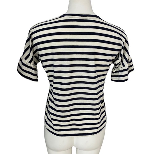 Copper Key Top Womens Medium Blue Breton Stripe Nautical Coastal Ruffle Sleeve - Picture 6 of 14
