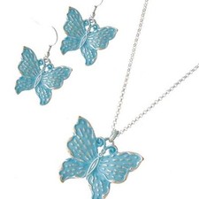 Silver Tone Blue Butterfly Pendant Necklace Earring Set