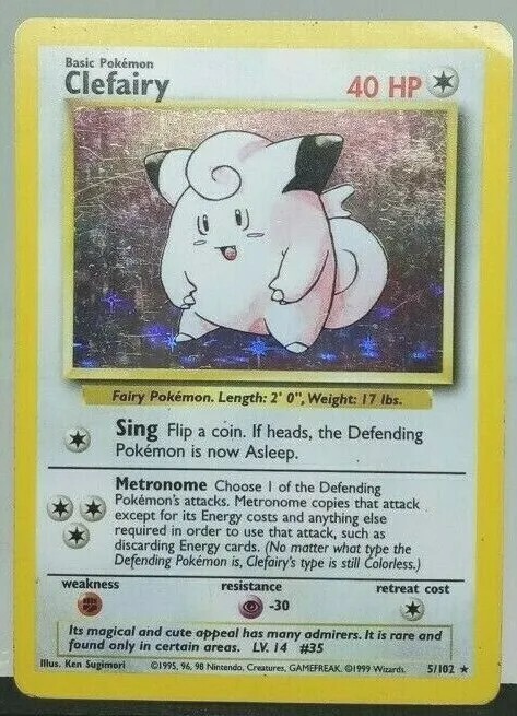 Clefairy Holo 5/102 Base Set Pokemon Card LP/MP - WOTC - FREE TRACKED SHIPPING
