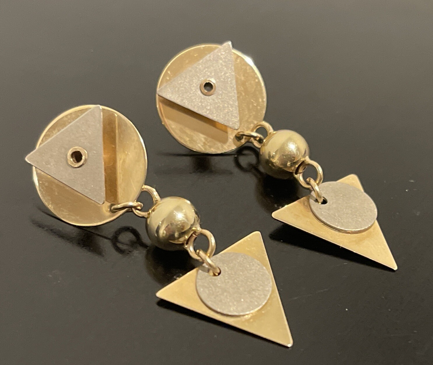 14K Solid Yellow & White Gold Dangle Earrings Geo… - image 1