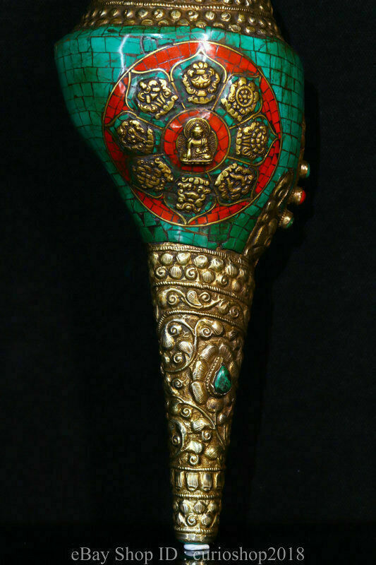 13.6 " Old Tibet Copper Inlay Turquoise Eight Treasures Conch Shell Trumpet Horn