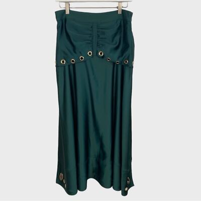 Self Portrait NWT Dark Green Satin Midi Skirt with Grommets US Size 8 | eBay