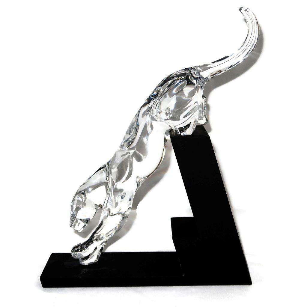 Baccarat Crystal Clear Leaping Panther on Black Stand, 12 3/4 