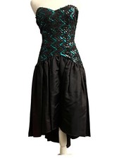 Vintage Gunne Sax Prom Dress Black Strapless Sequin Size 4 Bow High Low Gown