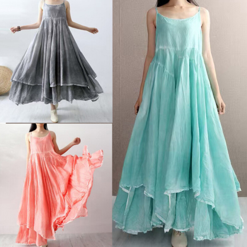 Lady Boho Loose Long Slip Dress Summer Round Neck Irregular Camisole Flowy Dress Lady Boho Loose Long Slip Dress Summer Round Neck Irregular Camisole Flowy Dress