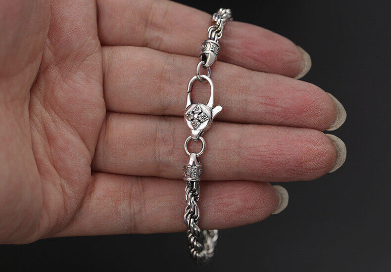 Pure S925 Sterling Silver Bracelet Men Women 4mm Twist Rope Link Chain  7-8inch