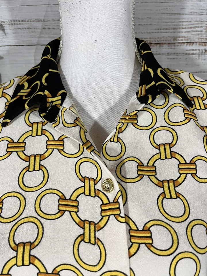 Coco Bianco Blouse Shirt size Medium Black Gold Chains Career Summer Beach Slim - Image 3 of 4