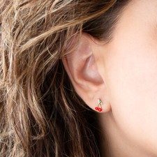 14K Solid Yellow Gold Small Enamel Cherry Stud Earrings