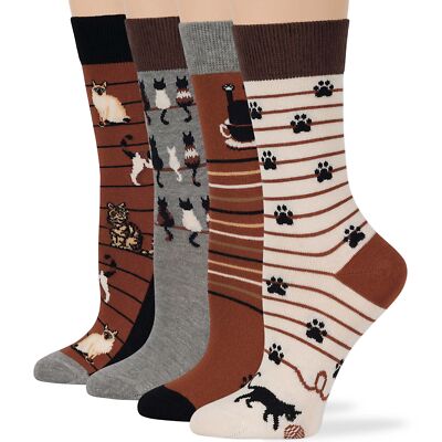 Women Cotton Calf Crew Socks-4 Pack Large- Kitten Tail Paw-Brown Ecru Grey
