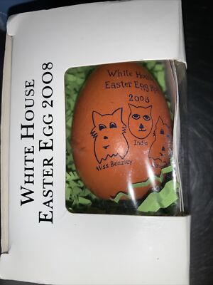 2008 White House Easter Egg Roll Wooden Egg Orange George W & Laura Bush Dogs