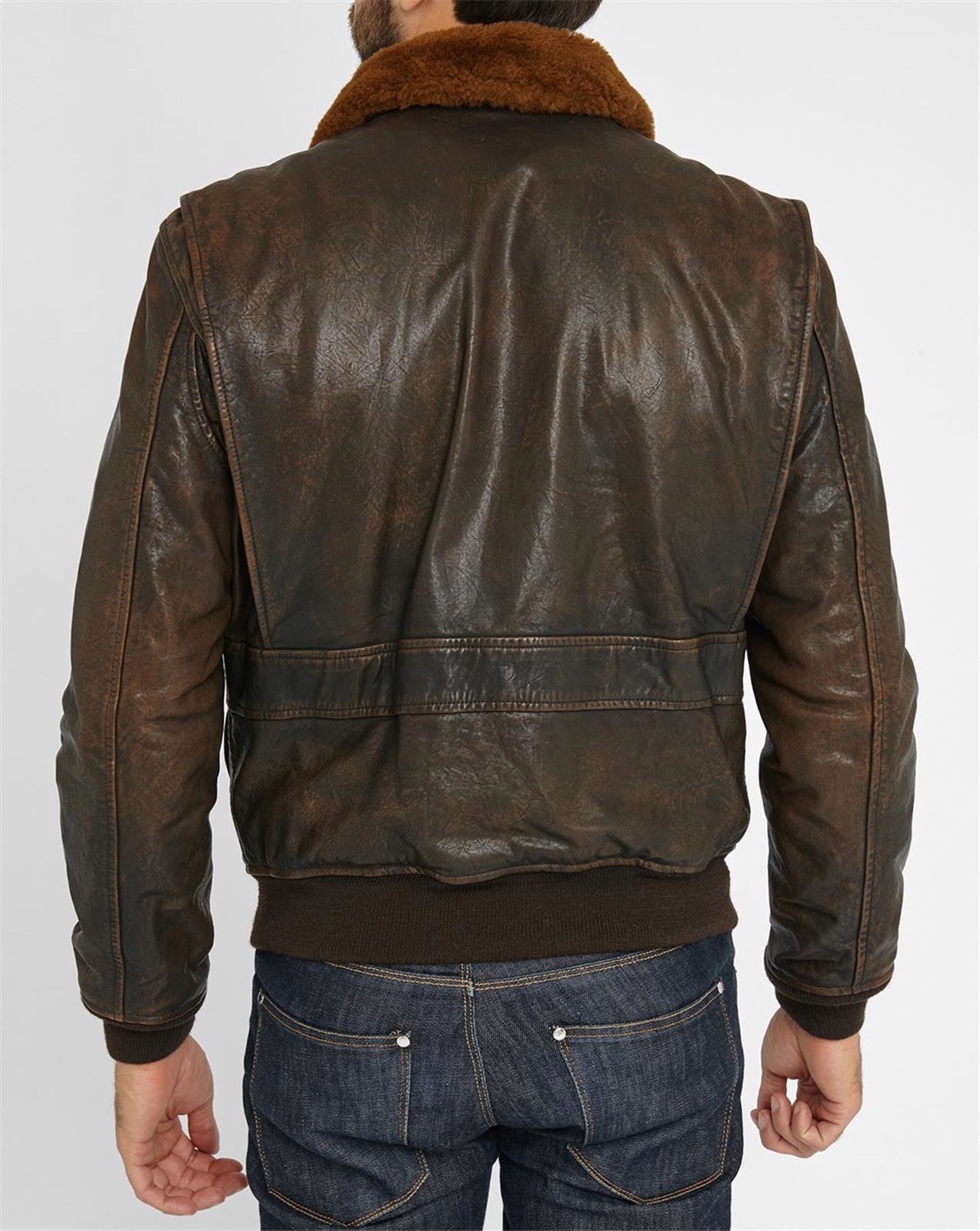 Ralph Lauren Brown Fur Collar Aviator Patch Destroyed Leather Jacket Size S image 3