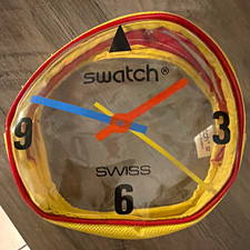 Swatch Swiss Analog Watch Yellow/Red Case & Bezel Gray Dial Arabic Numerals