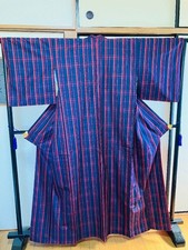 Kimono Fine pattern Pure silk pongee weave / Indigo and red Baby stripes