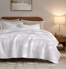 Striped White 100 Cotton Quilt Queen Size Bedding Sets, Lightweight Crinkly ...