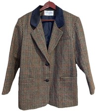 Vtg International Scene Wool Blazer Houndstooth Suede Collar Womens 10 Russia