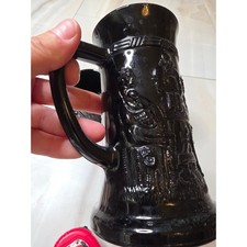 Vintage Black Amethyst Glass Beer Stein Tavern Scene Embossed Mug Set of 3