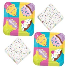  Cupcake Party Square Paper Dinner Plates and Sprinkle Beverage Napkins 