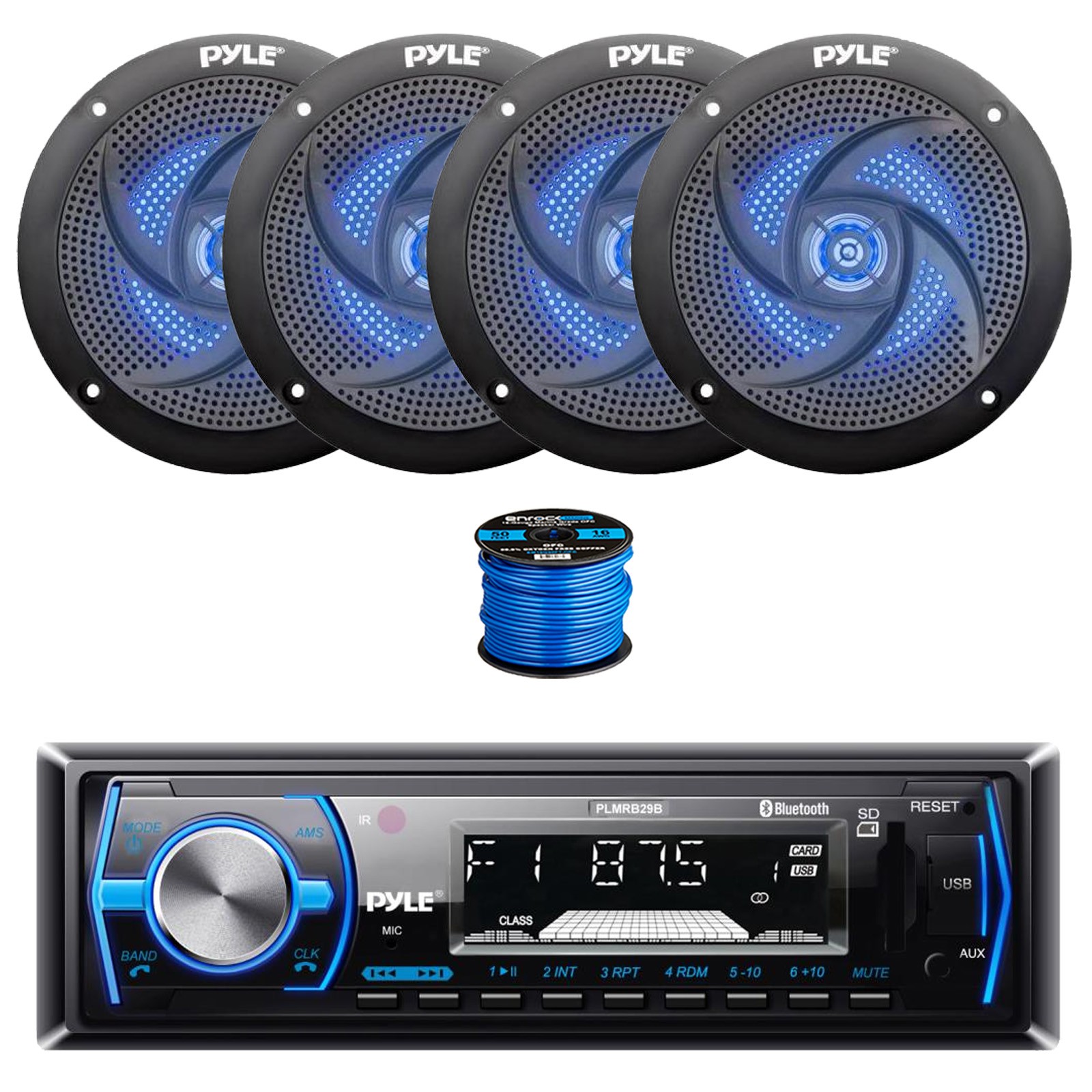 Receiver, 4x 6.5" 240w Led Black Speakers,wire
