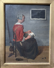 18thC Antique Oil Painting The Lace Maker AFTER Johannes Vermeer - Dutch