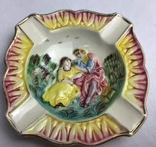 Ceramic Hand Painted Ashtray Italy embossed couple gold edges 4"