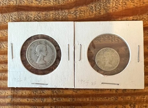 1956 Canadian Silver Quarter and 1954 Silver Dime VF/F   condition