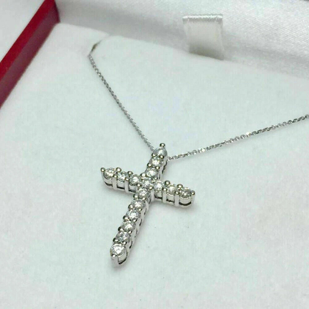 1.00 Ct Round Cut Diamond Cross Pendant W/18" Free Chain 14K White Gold Finish