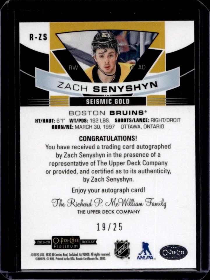 2019-20 O-Pee-Chee Platinum Zach Senyshyn Seismic Gold Rookie Auto RC #19/25 - Image 2 of 2