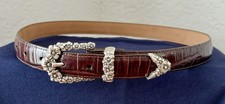Brighton Belt Women M30 Crocodile Leather Silver Floral Buckle Cottage Core