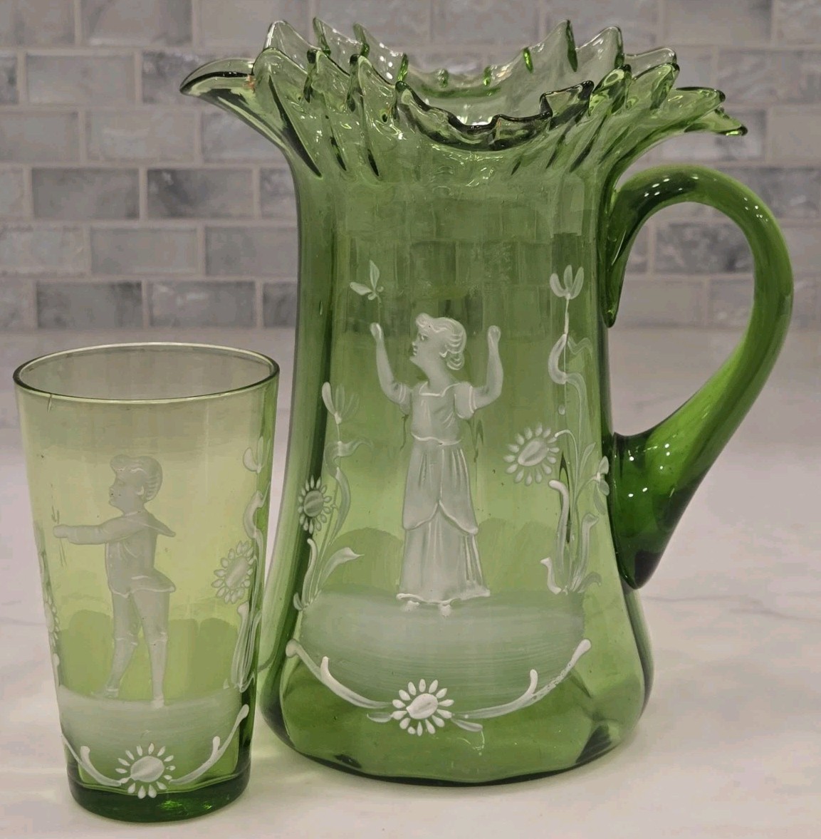 Mary Gregory Fenton? Victorian Hand Blown Hand Painted 6.75" Pitcher & 4" Glass