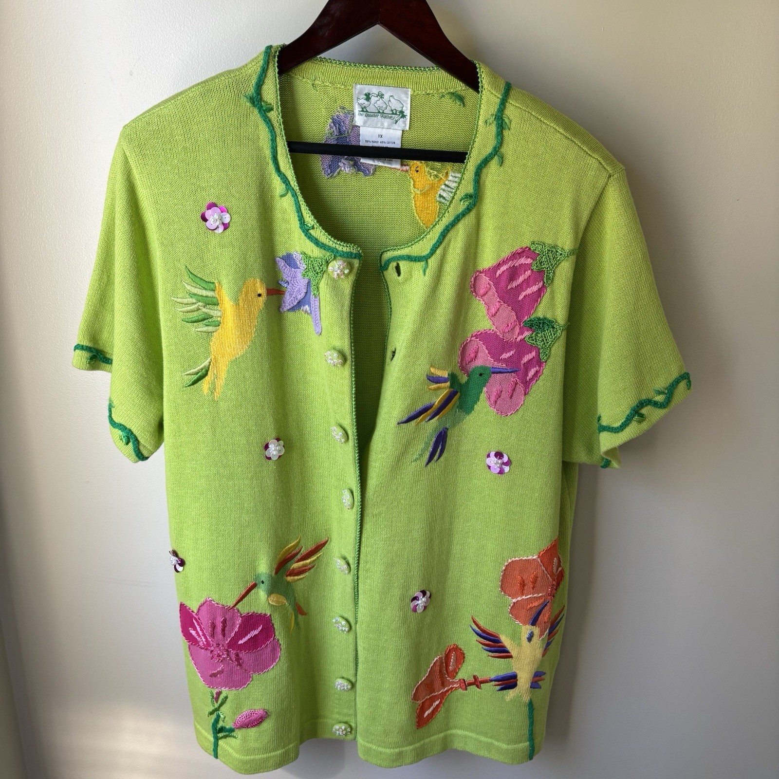 Quaker Factory 1x Lime Green Embroidered Beaded Hummingbird Sweater Garden Party