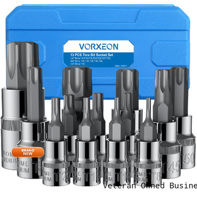 Vorxeon 13Pcs Star Bit Socket Set Torx Socket T8-T70 50Bv30 Cr-V Drive Socket
