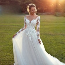 Beach Customized Illusion Long Sleeve Lace Applique Back Tulle Wedding Dresses