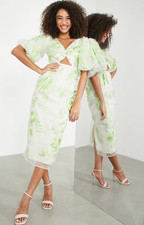 $320 ASOS EDITION Floral Embroidered Organza Midi Dress w/ Puff Sleeves - US 10
